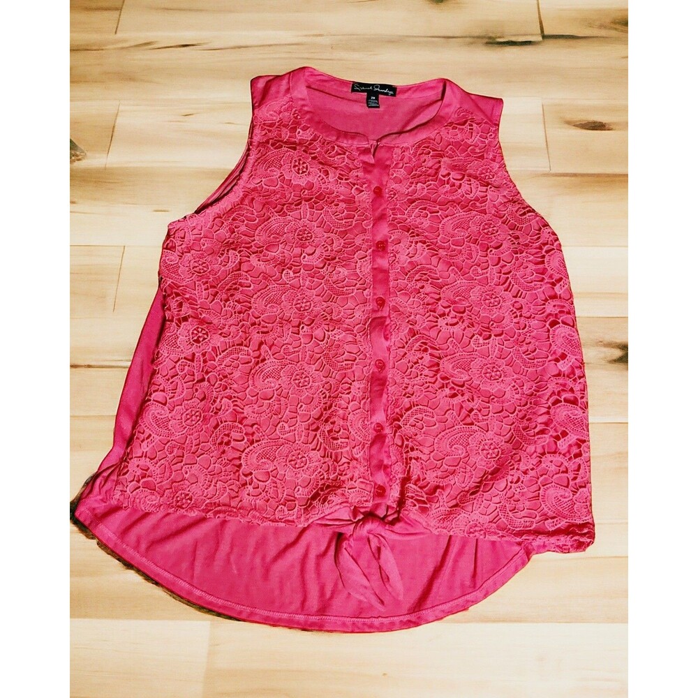 Sleeveless Top Summer Hot Pink Lace Front Solid Back French Sunday 2X